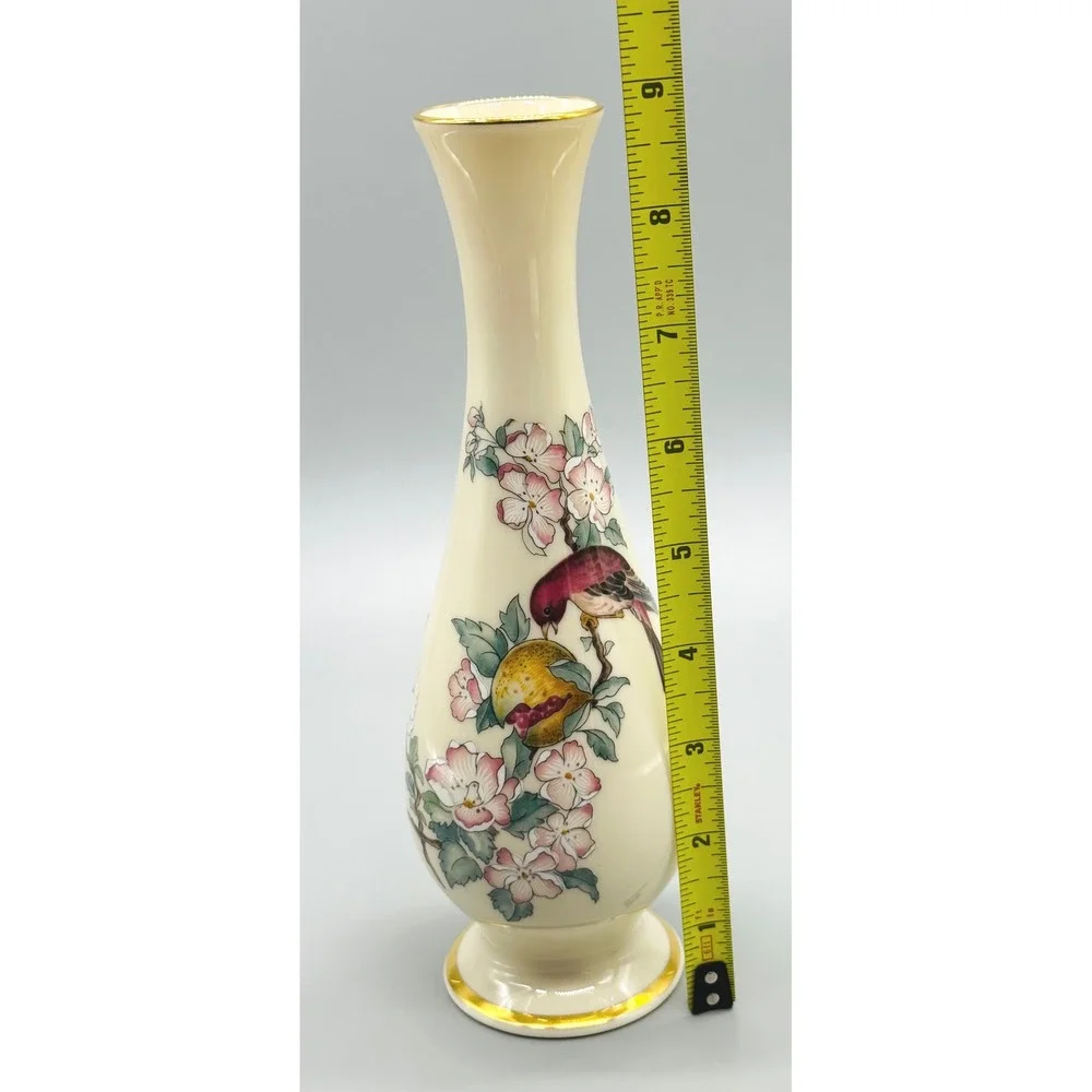 Lenox Serenade Bud Vase Cream Red Bird Floral‎ Gold Trim 8.5 inch Made USA
